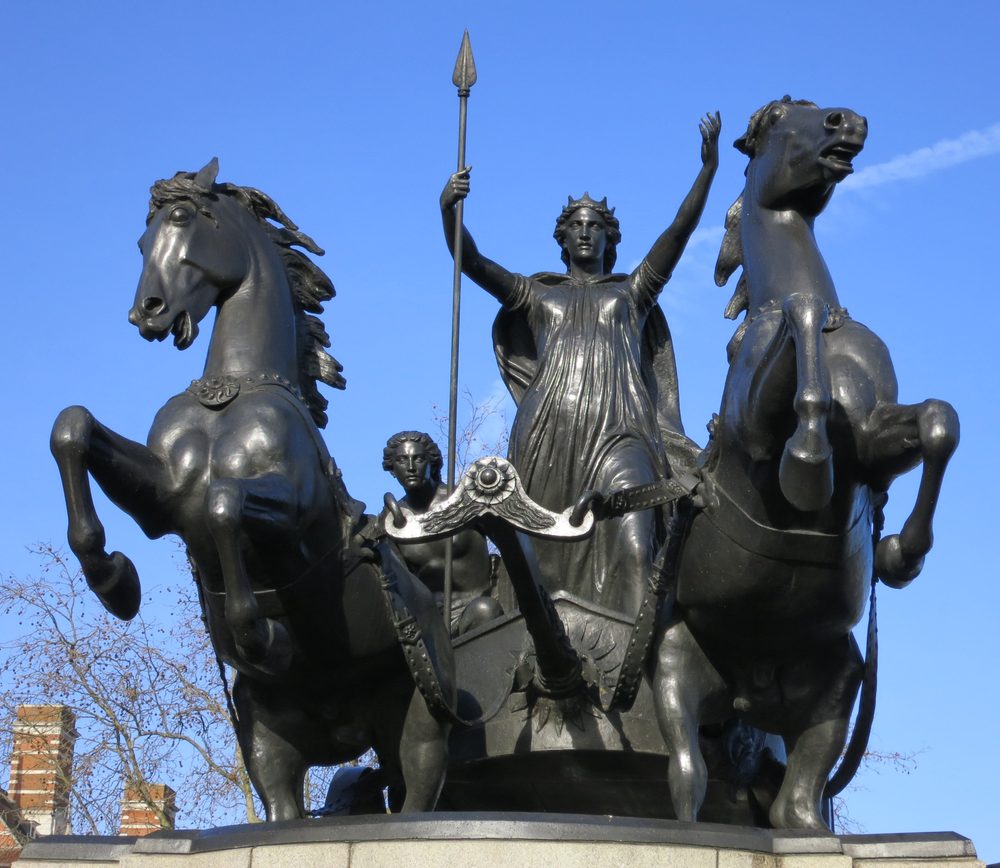Nineteen centuries later the queen and the daughters Rome assaulted ride in bronze beside the Thames, at the heart of the empire she once burned.