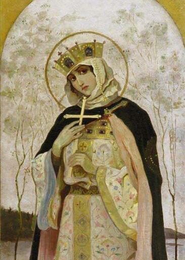 Olga rendered as saint rather than avenger — the woman who buried one embassy alive and burned a city with pigeons was, in the end, canonized for her long memory.