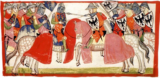 Charles of Anjou's knights ride down Manfred at Benevento in 1266, the victory that handed him a kingdom he would soon bleed white to finance a war on Constantinople.