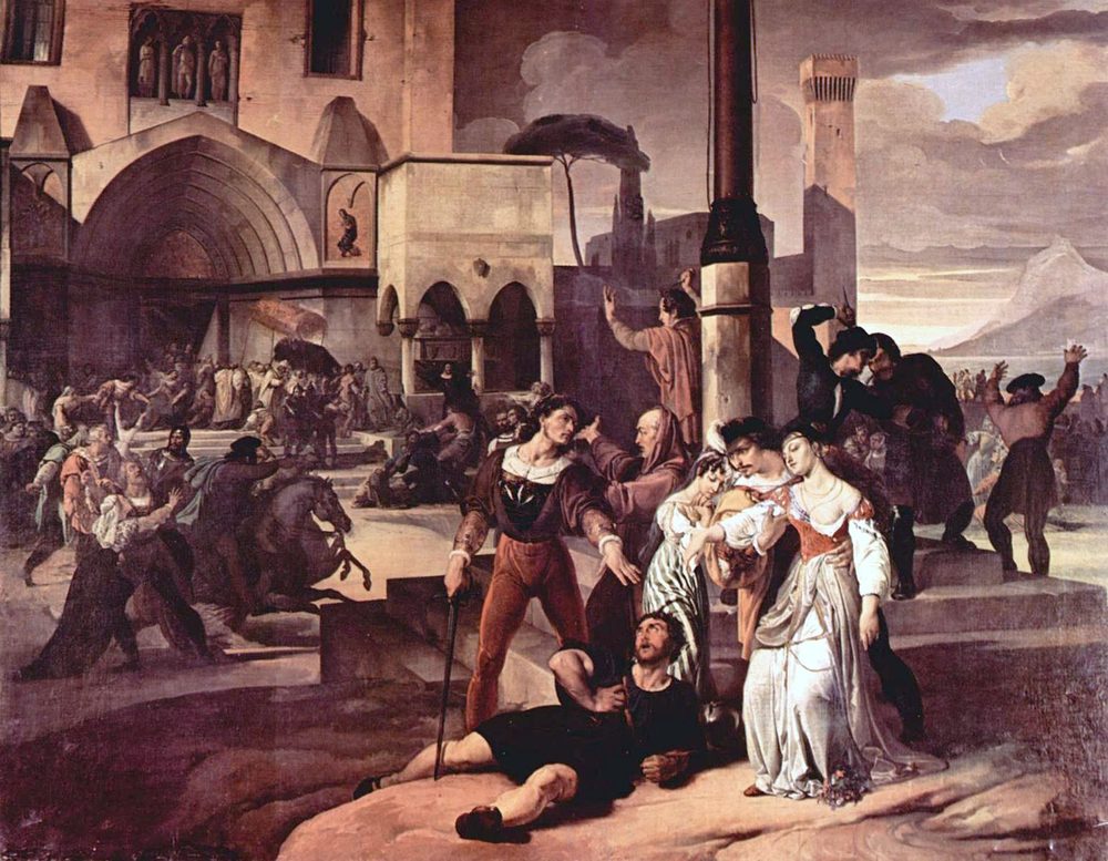 Francesco Hayez imagines the Vespers itself, the Easter Monday moment a soldier's wandering hands turned a single insult into the slaughter of the French across Palermo.