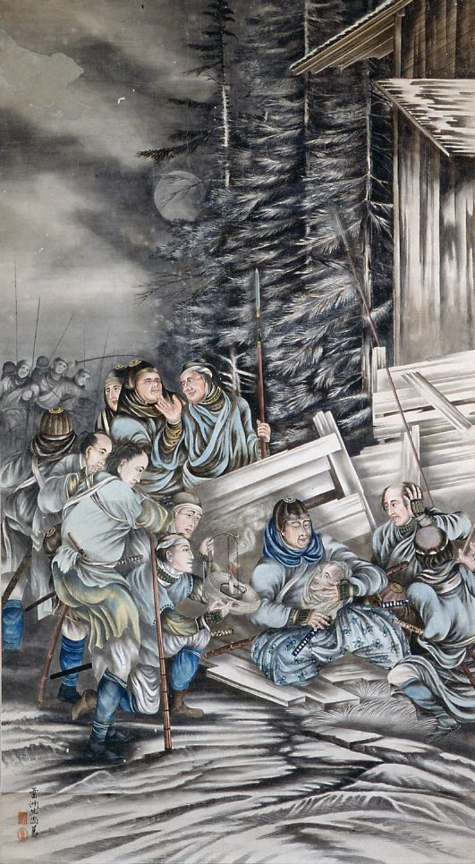 A later Japanese painting of the rōnin at the end of their patience — the night of the fourteenth, when the pretence fell away and the debt was collected in full.